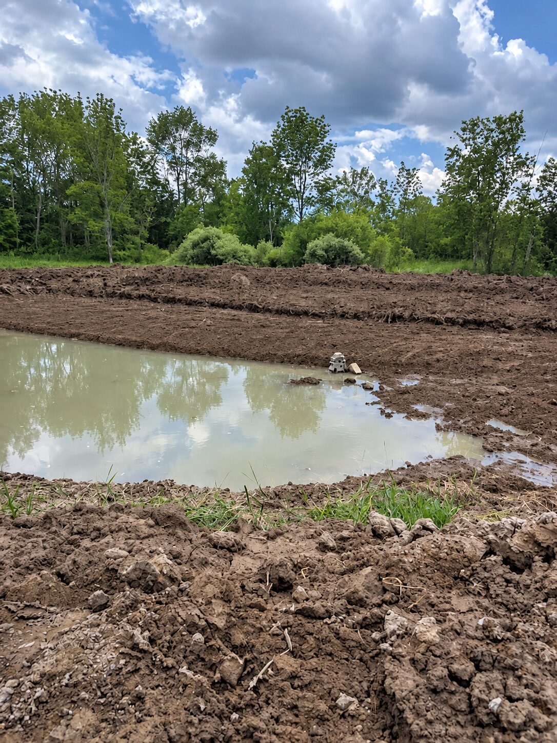 Freshly excavated pond filling with water under dramatic skies